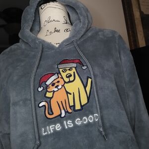 Gray Plush Hoodie with Dog and Cat Design,Lg